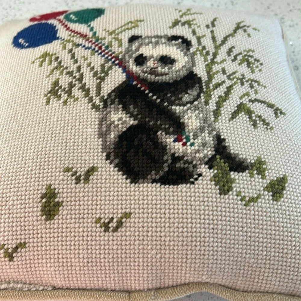 Needlepoint Wool Pillow with Panda Holding Balloons with Velvety Back 11